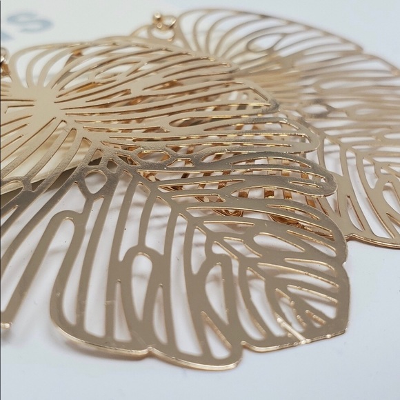 Monstera Brass Leaf Earrings New & Trending Now - Picture 3 of 3